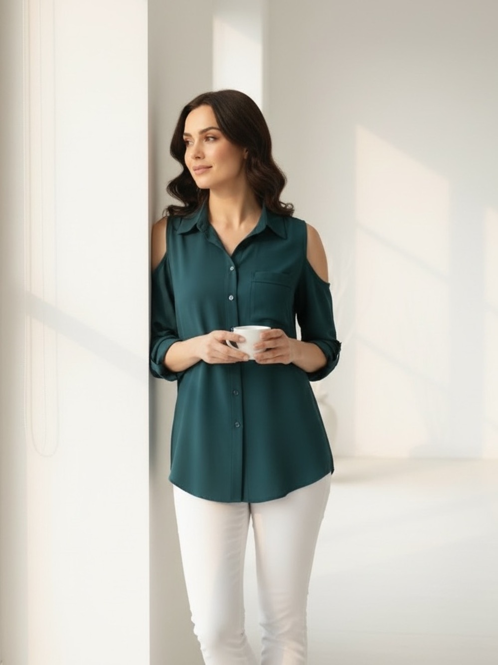 Teal Cold Shoulder Button Up Top